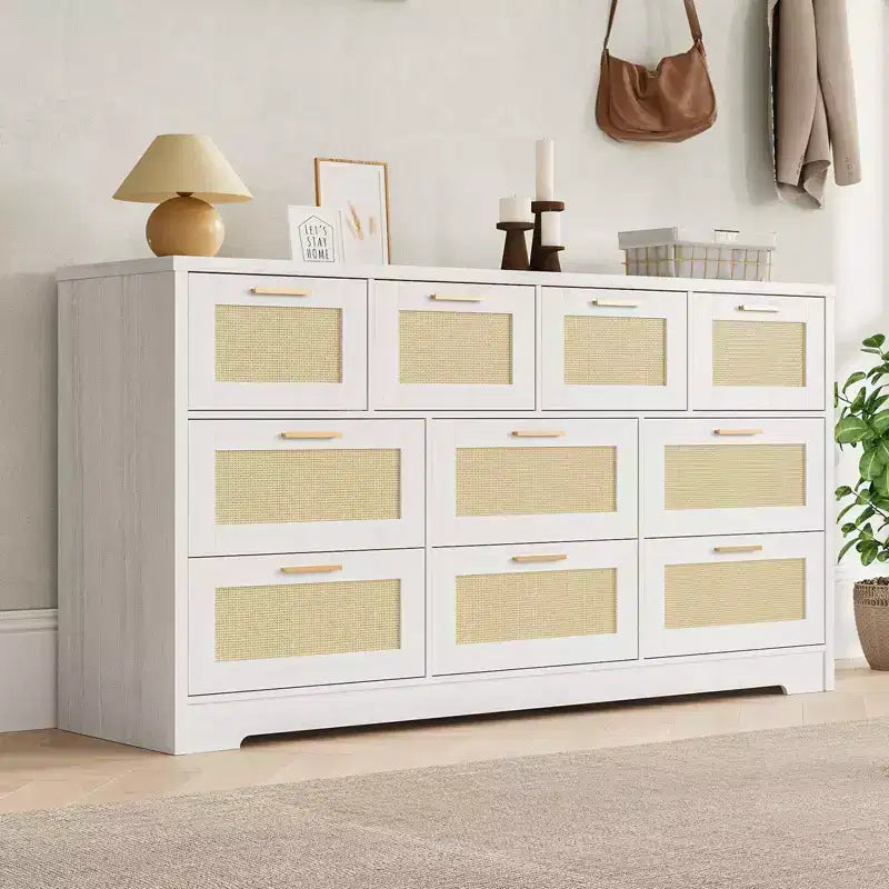 Commode en rotin à 10 tiroirs 152 x 41 x 81 cm Meuble TV en bois Grand plateau Poignées élégantes pour chambre, salon, couloir