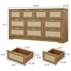 Commode en rotin à 10 tiroirs 152 x 41 x 81 cm Meuble TV en bois Grand plateau Poignées élégantes pour chambre, salon, couloir