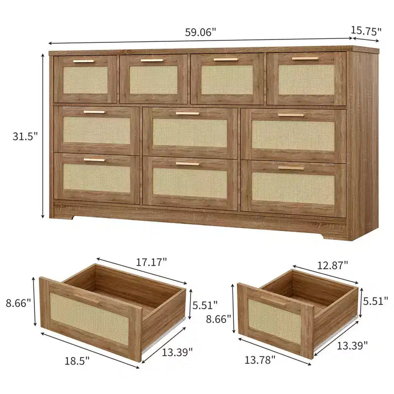 Commode en rotin à 10 tiroirs 152 x 41 x 81 cm Meuble TV en bois Grand plateau Poignées élégantes pour chambre, salon, couloir