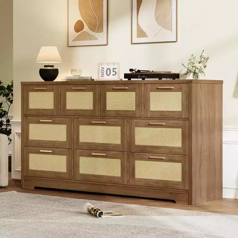 Commode en rotin à 10 tiroirs 152 x 41 x 81 cm Meuble TV en bois Grand plateau Poignées élégantes pour chambre, salon, couloir