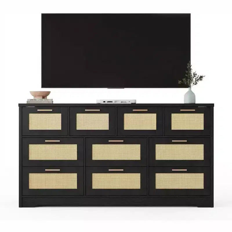 Commode en rotin à 10 tiroirs 152 x 41 x 81 cm Meuble TV en bois Grand plateau Poignées élégantes pour chambre, salon, couloir