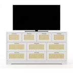 Commode en rotin à 10 tiroirs 152 x 41 x 81 cm Meuble TV en bois Grand plateau Poignées élégantes pour chambre, salon, couloir