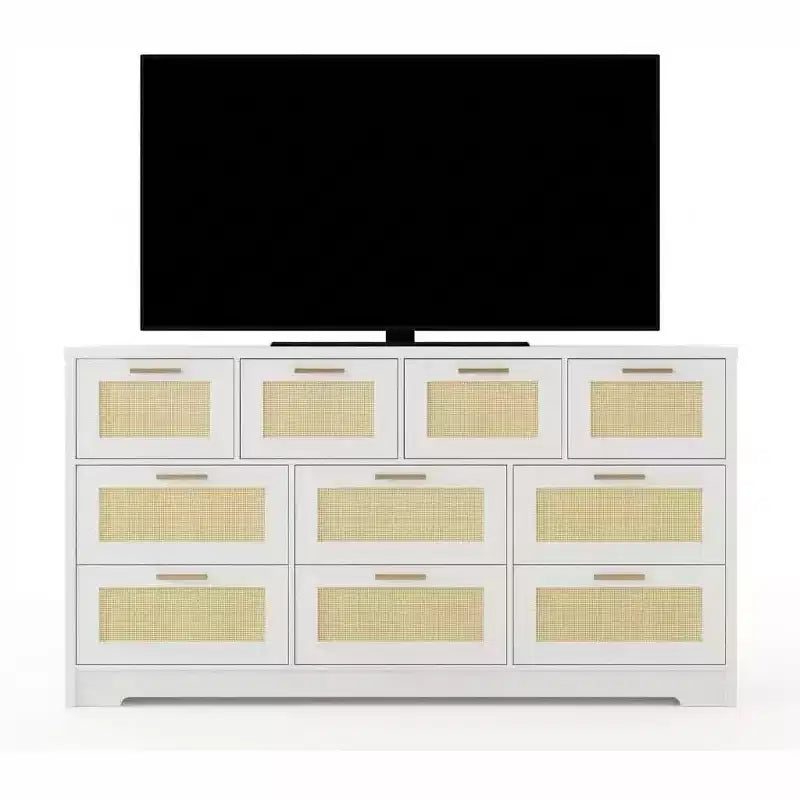 Commode en rotin à 10 tiroirs 152 x 41 x 81 cm Meuble TV en bois Grand plateau Poignées élégantes pour chambre, salon, couloir