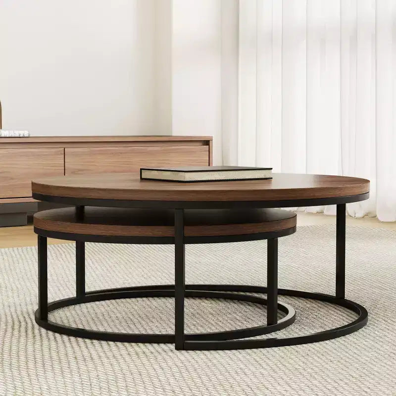 Gaoyangjiaju Table basse gigogne ronde moderne de 31,5 po, ensemble de 2 - Tables basses circulaires industrielles pour salon - Noyer/Noir