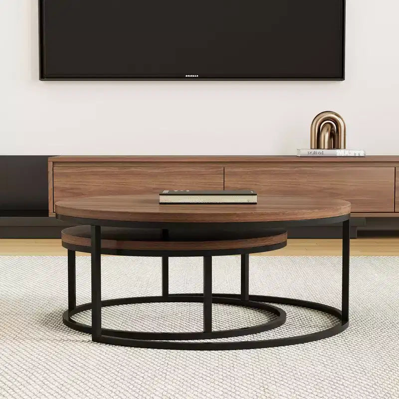Gaoyangjiaju Table basse gigogne ronde moderne de 31,5 po, ensemble de 2 - Tables basses circulaires industrielles pour salon - Noyer/Noir