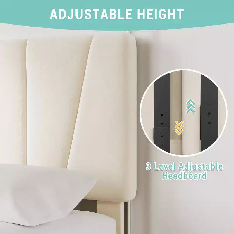 Cadre de lit simple avec tête de lit réglable et 2 tiroirs - Plateforme capitonnée en velours, lattes en bois, pas de sommier tapissier, beige/crème