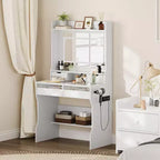 Dresser with Mirror Wooden Dresser - White Modern Vanity with LED Mirror, Power Outlet, 3 Lighting Modes, 4 Storage Drawers for Bedroom