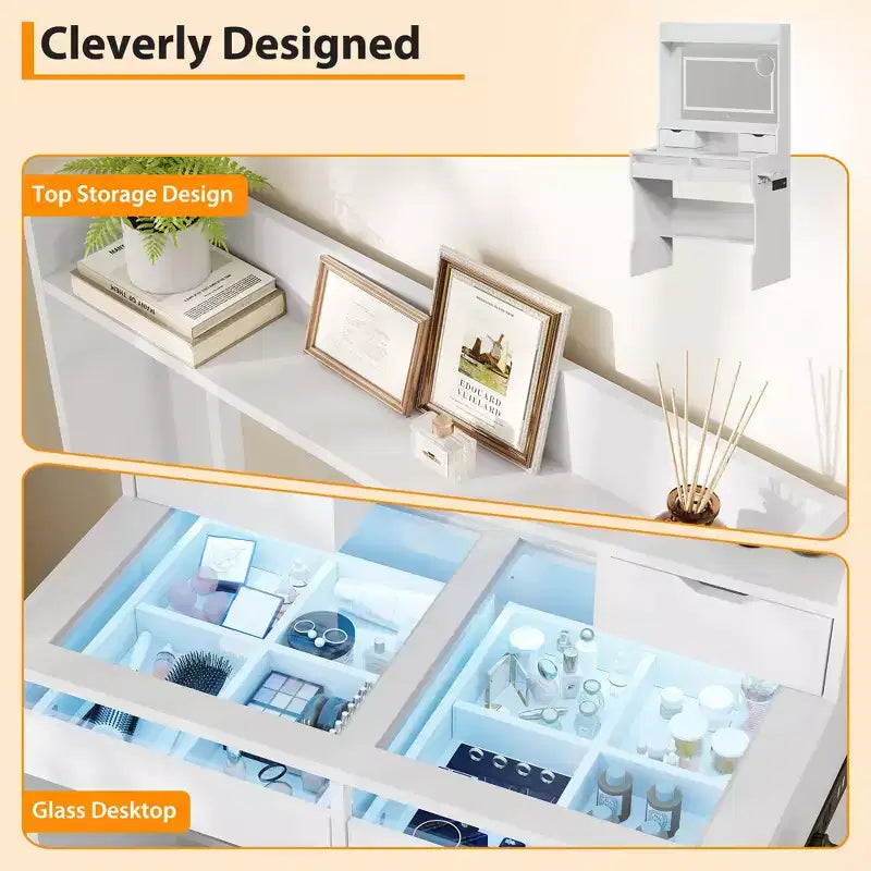 Commode avec miroir en bois - Coiffeuse moderne blanche avec miroir LED, prise de courant, 3 modes d'éclairage, 4 tiroirs de rangement pour chambre à coucher