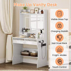 Commode avec miroir en bois - Coiffeuse moderne blanche avec miroir LED, prise de courant, 3 modes d'éclairage, 4 tiroirs de rangement pour chambre à coucher