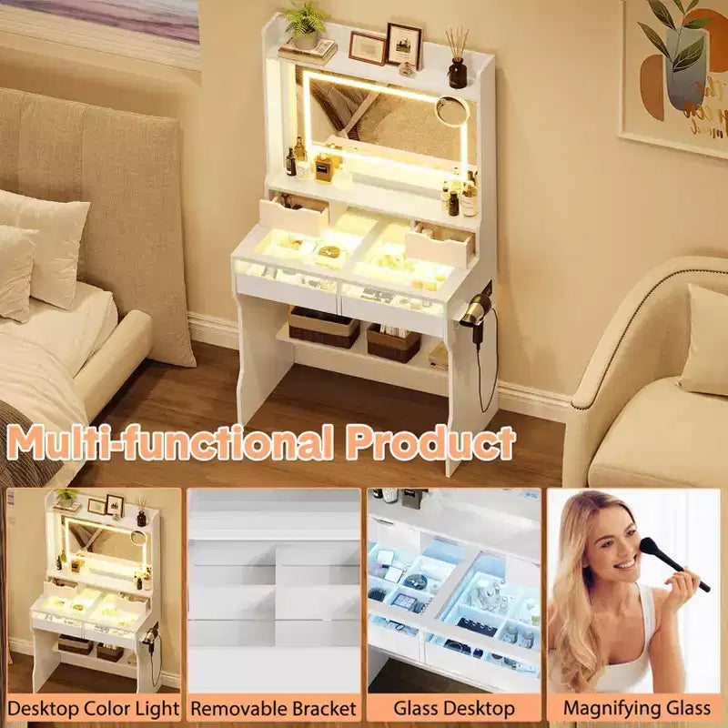 Commode avec miroir en bois - Coiffeuse moderne blanche avec miroir LED, prise de courant, 3 modes d'éclairage, 4 tiroirs de rangement pour chambre à coucher