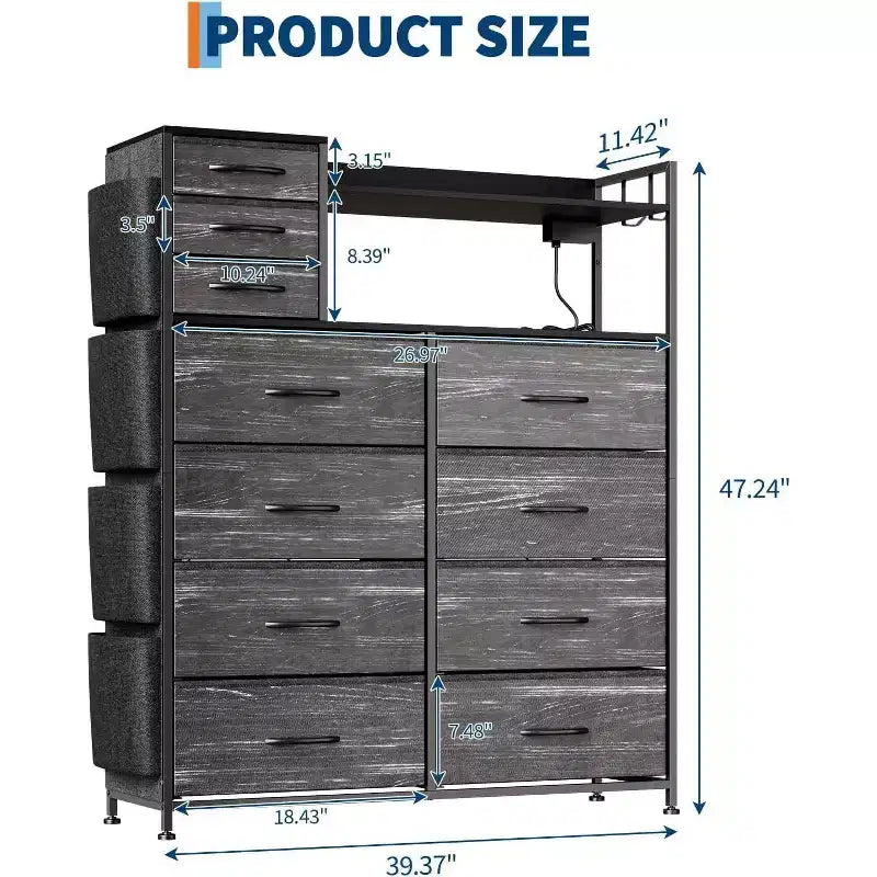 Acekool 8+3 Drawer Dresser with Fabric Drawers, Charging Station & Night Light, Closet Storage Organizer with Shelves, Pockets & Hooks