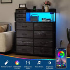 Acekool 8+3 Drawer Dresser with Fabric Drawers, Charging Station & Night Light, Closet Storage Organizer with Shelves, Pockets & Hooks