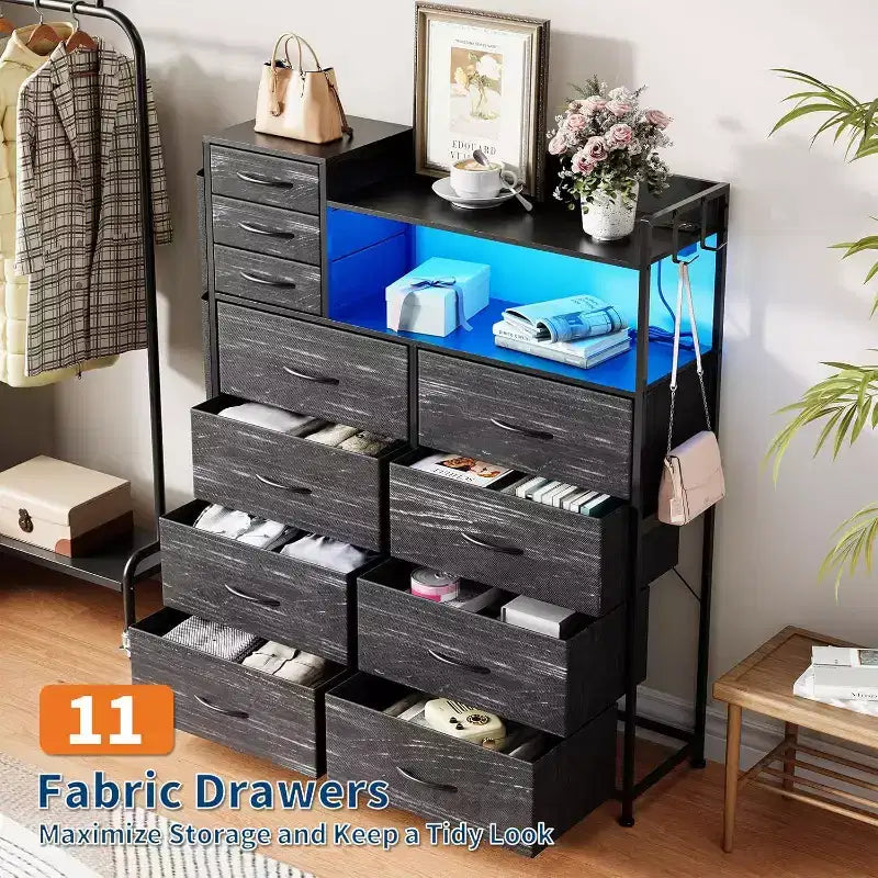 Acekool 8+3 Drawer Dresser with Fabric Drawers, Charging Station & Night Light, Closet Storage Organizer with Shelves, Pockets & Hooks
