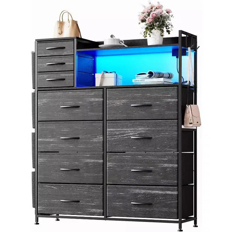 Acekool 8+3 Drawer Dresser with Fabric Drawers, Charging Station & Night Light, Closet Storage Organizer with Shelves, Pockets & Hooks