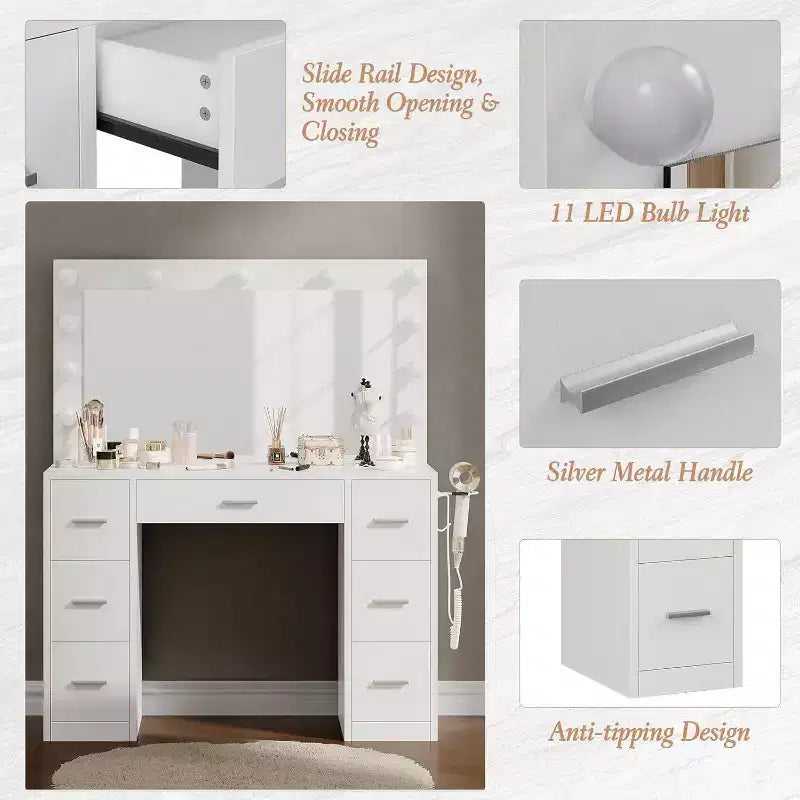 Acekool Coiffeuse Blanche avec Miroir, Éclairage Réglable et Prises Électriques, Table de Maquillage à 7 Tiroirs pour Chambre ou Dressing