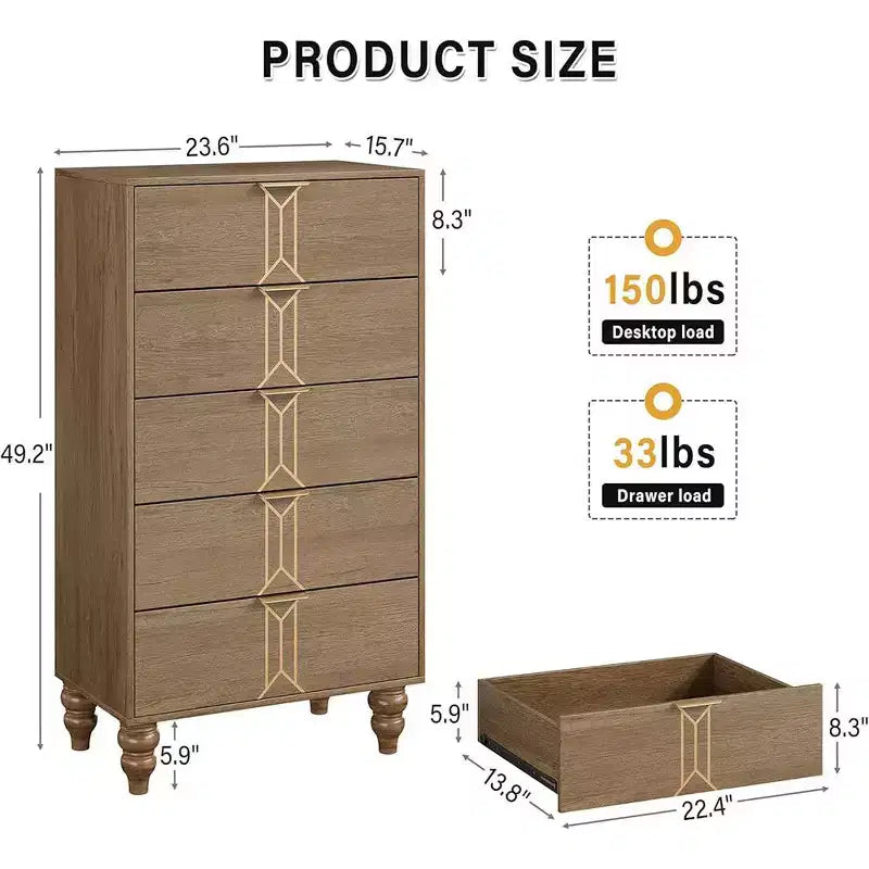 Tall Wooden 5 Drawer Dresser with Vintage Pattern Design, Modern Chest Dresser with Deep Drawers for Bedroom, Living Room, Entryway