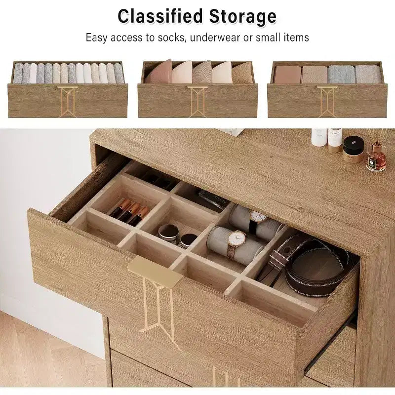 Tall Wooden 5 Drawer Dresser with Vintage Pattern Design, Modern Chest Dresser with Deep Drawers for Bedroom, Living Room, Entryway