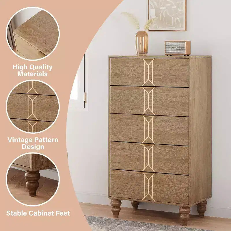 Tall Wooden 5 Drawer Dresser with Vintage Pattern Design, Modern Chest Dresser with Deep Drawers for Bedroom, Living Room, Entryway