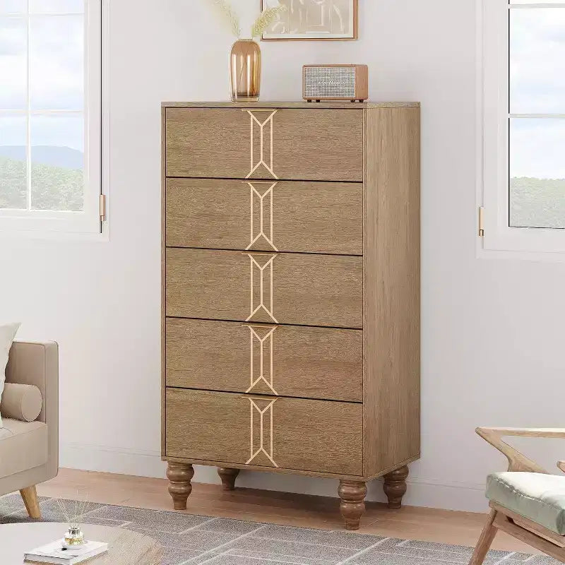 Tall Wooden 5 Drawer Dresser with Vintage Pattern Design, Modern Chest Dresser with Deep Drawers for Bedroom, Living Room, Entryway