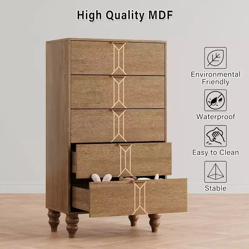 Tall Wooden 5 Drawer Dresser with Vintage Pattern Design, Modern Chest Dresser with Deep Drawers for Bedroom, Living Room, Entryway