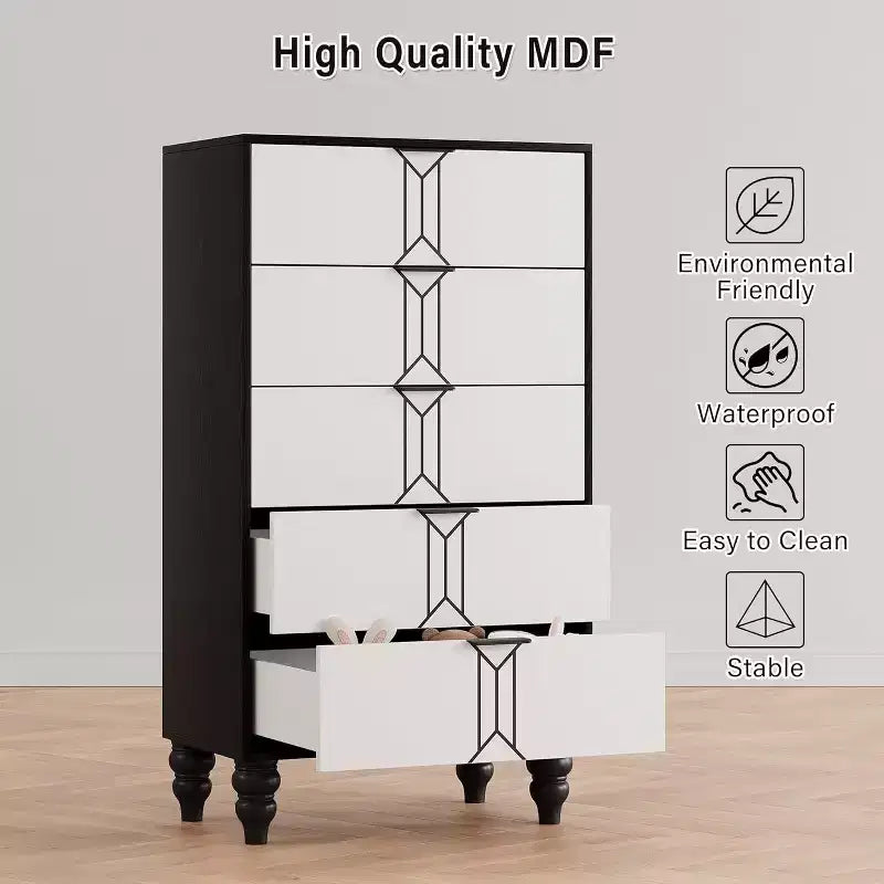 Tall Wooden 5 Drawer Dresser with Vintage Pattern Design, Modern Chest Dresser with Deep Drawers for Bedroom, Living Room, Entryway