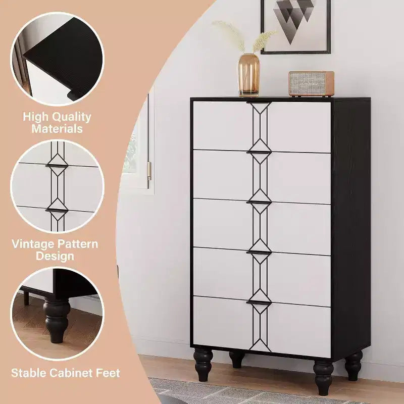 Tall Wooden 5 Drawer Dresser with Vintage Pattern Design, Modern Chest Dresser with Deep Drawers for Bedroom, Living Room, Entryway