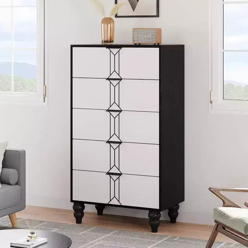 Tall Wooden 5 Drawer Dresser with Vintage Pattern Design, Modern Chest Dresser with Deep Drawers for Bedroom, Living Room, Entryway