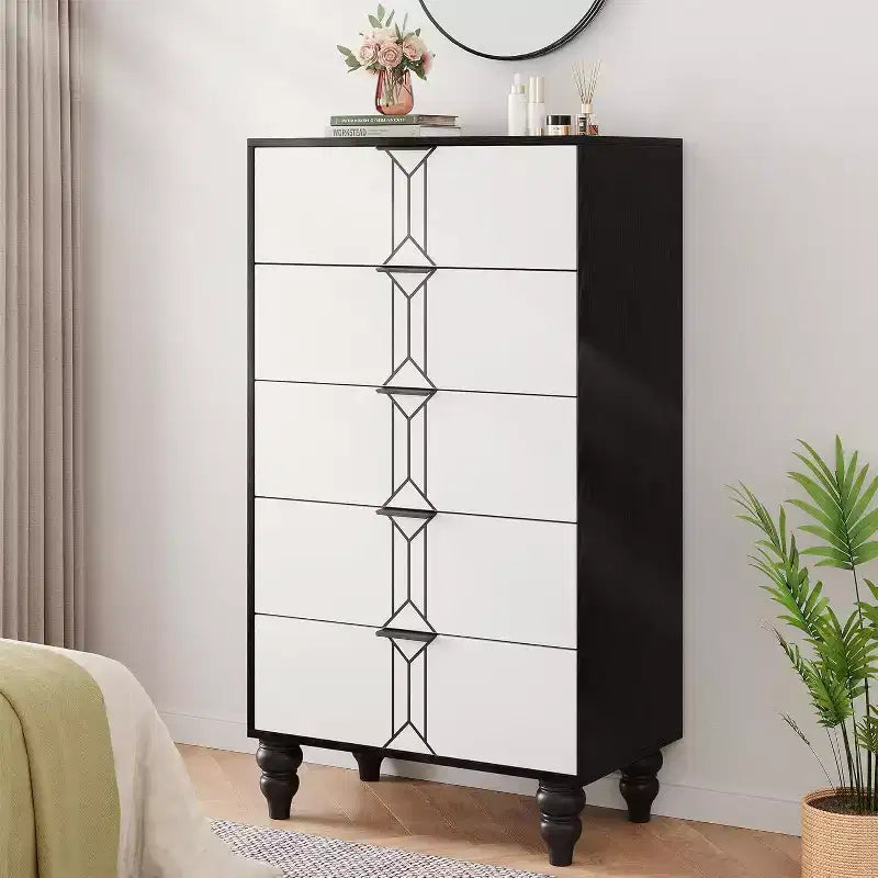 Tall Wooden 5 Drawer Dresser with Vintage Pattern Design, Modern Chest Dresser with Deep Drawers for Bedroom, Living Room, Entryway