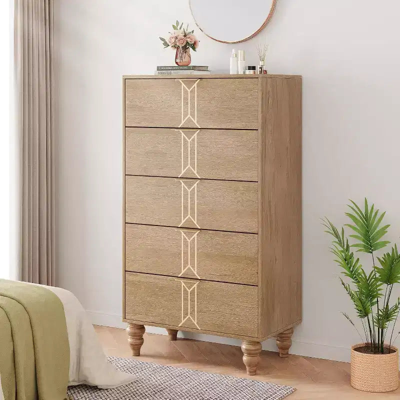 Tall Wooden 5 Drawer Dresser with Vintage Pattern Design, Modern Chest Dresser with Deep Drawers for Bedroom, Living Room, Entryway