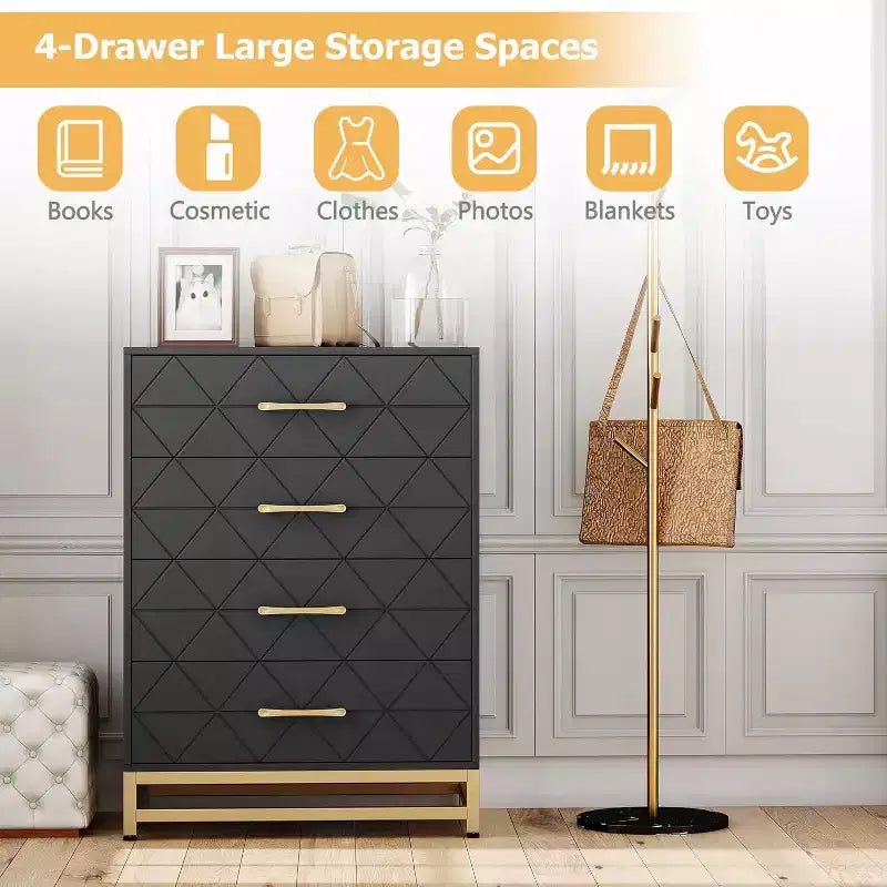 Commode à 4 tiroirs Acekool, chiffonnier haut pour chambre et placard, glissières à fermeture douce, organisateur de rangement moderne avec poignées métalliques