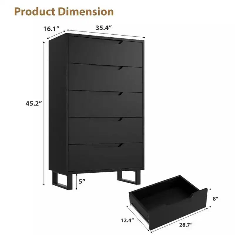 Commode 5 tiroirs pour chambre à coucher, commode haute de 130 cm, armoire à tiroirs verticale autoportante avec rangement, commode de rangement en bois pour salon, couloir