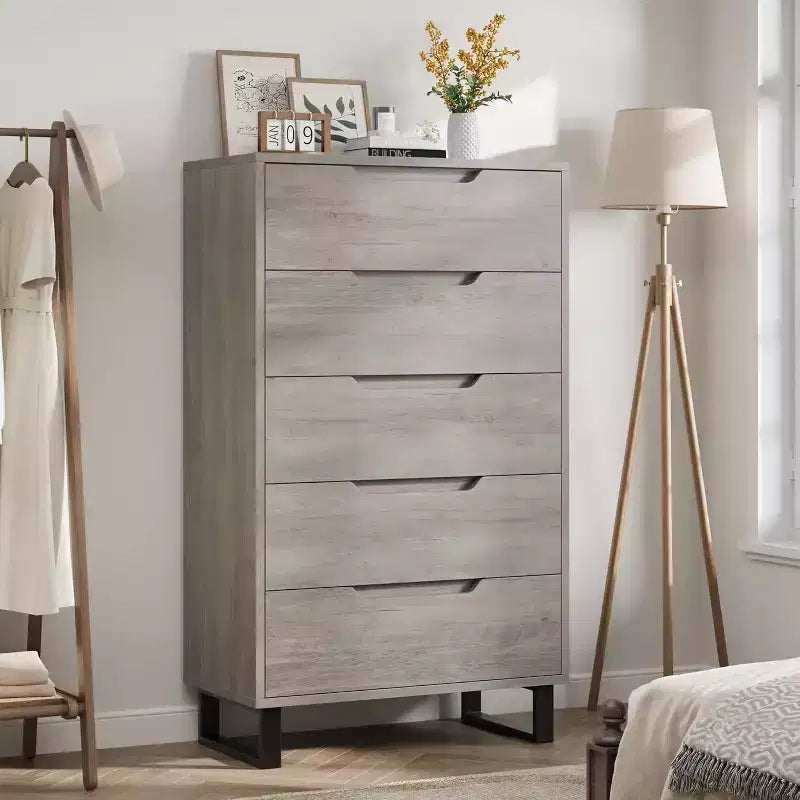 Commode 5 tiroirs pour chambre à coucher, commode haute de 130 cm, armoire à tiroirs verticale autoportante avec rangement, commode de rangement en bois pour salon, couloir
