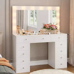 Vanity Desk with Power Outlet, Makeup Vanity with Mirror and 12 Lights, 3 Lighting Modes, Glass Top Vanity Set, Dressing Table for Bedroom