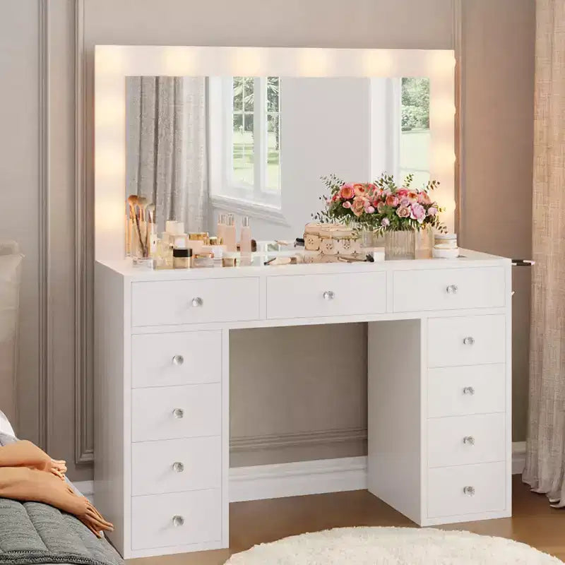 Vanity Desk with Power Outlet, Makeup Vanity with Mirror and 12 Lights, 3 Lighting Modes, Glass Top Vanity Set, Dressing Table for Bedroom