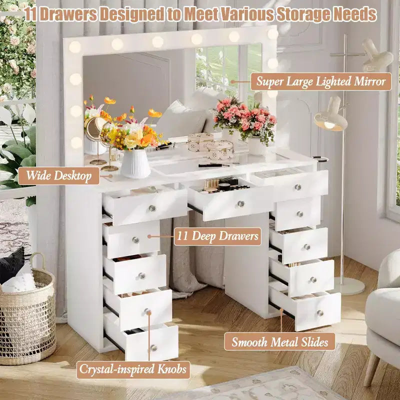 Coiffeuse avec prise de courant, Coiffeuse avec miroir et 12 lumières, 3 modes d'éclairage, Coiffeuse avec plateau en verre, Table de maquillage pour chambre à coucher