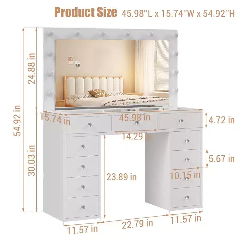 Coiffeuse avec prise de courant, Coiffeuse avec miroir et 12 lumières, 3 modes d'éclairage, Coiffeuse avec plateau en verre, Table de maquillage pour chambre à coucher