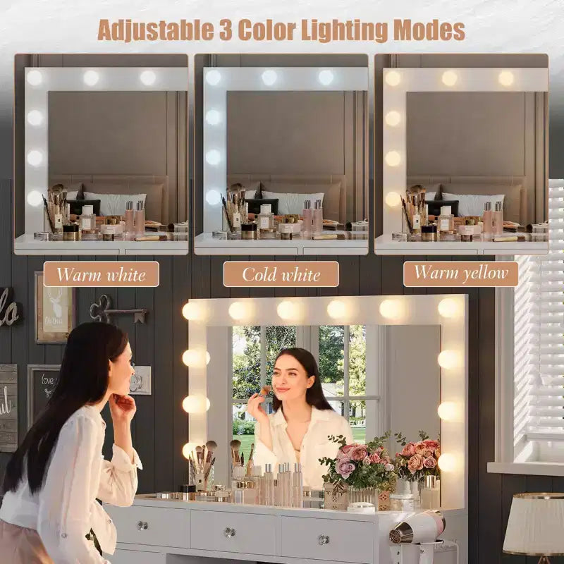 Coiffeuse avec prise de courant, Coiffeuse avec miroir et 12 lumières, 3 modes d'éclairage, Coiffeuse avec plateau en verre, Table de maquillage pour chambre à coucher
