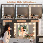 Coiffeuse avec prise de courant, Coiffeuse avec miroir et 12 lumières, 3 modes d'éclairage, Coiffeuse avec plateau en verre, Table de maquillage pour chambre à coucher
