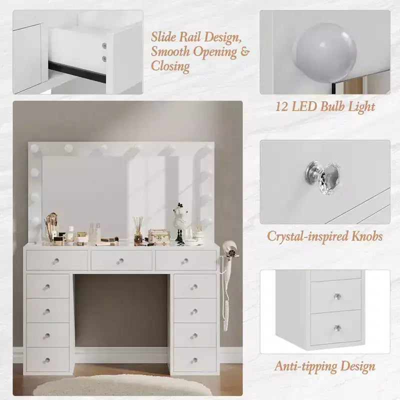 Coiffeuse avec prise de courant, Coiffeuse avec miroir et 12 lumières, 3 modes d'éclairage, Coiffeuse avec plateau en verre, Table de maquillage pour chambre à coucher