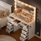 Coiffeuse avec prise de courant, Coiffeuse avec miroir et 12 lumières, 3 modes d'éclairage, Coiffeuse avec plateau en verre, Table de maquillage pour chambre à coucher