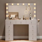 Coiffeuse avec prise de courant, Coiffeuse avec miroir et 12 lumières, 3 modes d'éclairage, Coiffeuse avec plateau en verre, Table de maquillage pour chambre à coucher