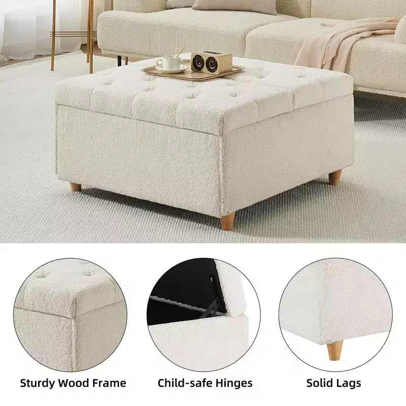 Table basse pouf de rangement en cuir avec plateau relevable, banc pouf capitonné en similicuir pour chambre à coucher et salon