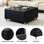 Table basse pouf de rangement en cuir avec plateau relevable, banc pouf capitonné en similicuir pour chambre à coucher et salon