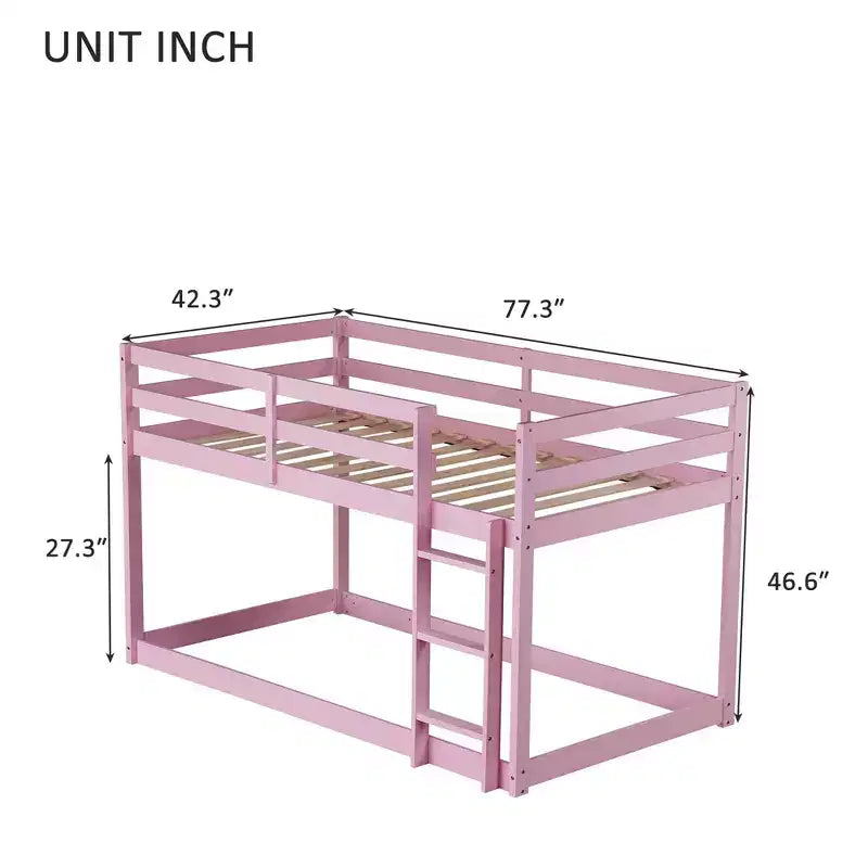 Lit superposé Okak Twin Over Twin au sol avec échelle et lattes renforcées, cadre de lit moderne en bois d'hévéa pour chambre d'enfants, chambre à coucher