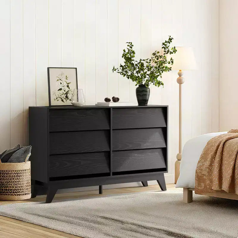 Commode en bois cannelé COZONY à 6 tiroirs, table de chevet et coffre de rangement modernes pour chambre à coucher et salon