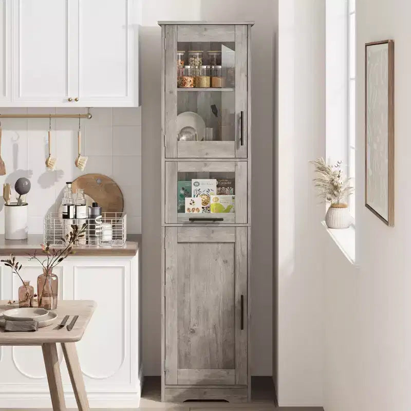 Élément de rangement haut et étroit de 170 cm avec portes vitrées et étagère réglable, armoire autoportante étroite