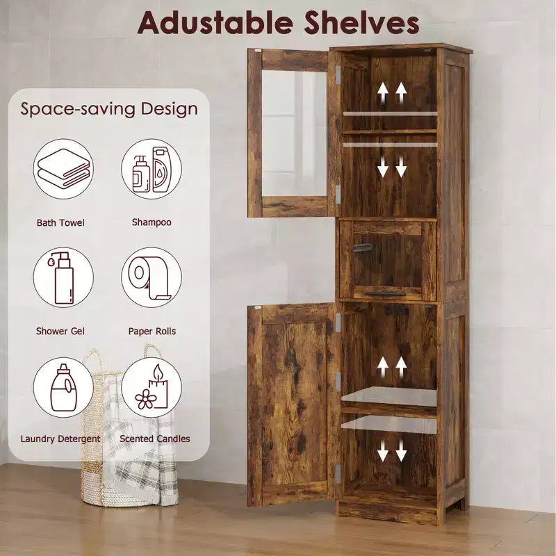 Élément de rangement haut et étroit de 170 cm avec portes vitrées et étagère réglable, armoire autoportante étroite