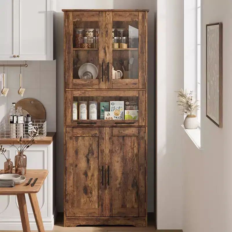 Élément de rangement haut et étroit de 170 cm avec portes vitrées et étagère réglable, armoire autoportante étroite