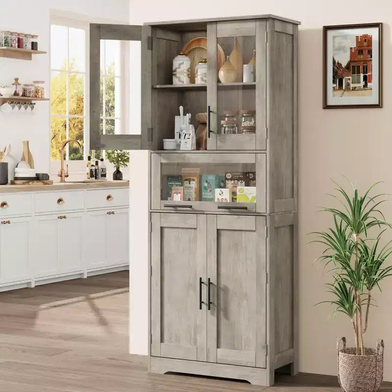 Élément de rangement haut et étroit de 170 cm avec portes vitrées et étagère réglable, armoire autoportante étroite