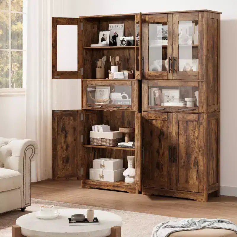 Élément de rangement haut et étroit de 170 cm avec portes vitrées et étagère réglable, armoire autoportante étroite